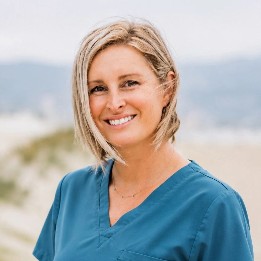 Smiling woman in blue scrubs, outdoors with a blurred natural background.