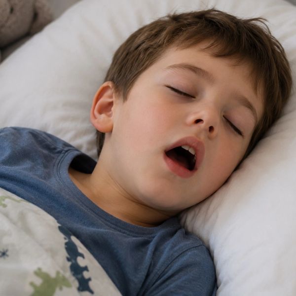Young boy sleeping peacefully with mouth slightly open.