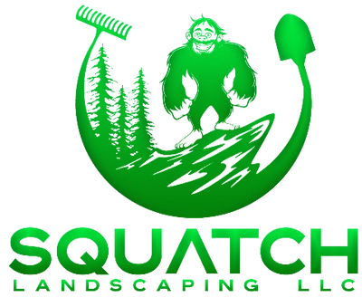 Green logo of Squatch Landscaping LLC with Bigfoot and gardening tools.