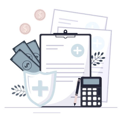 Medical bills, money, calculator, and health shield symbol.