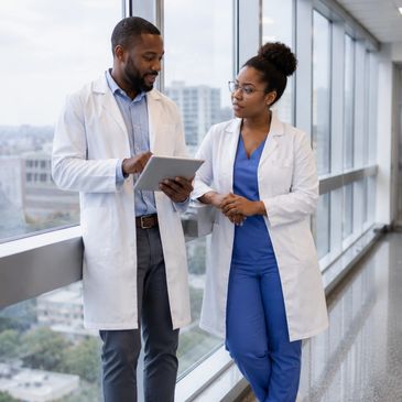 Two doctors discussing patient information on a digital tablet in a hospital corridor.
