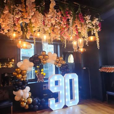 Elegant 90th birthday decoration with balloons and led lights.