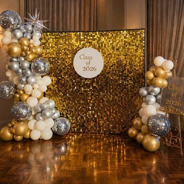 Gold sequin wall for university of leeds class of 2026