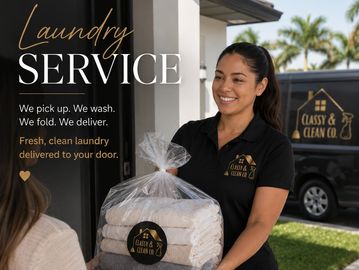 Woman delivering folded laundry for a laundry service.