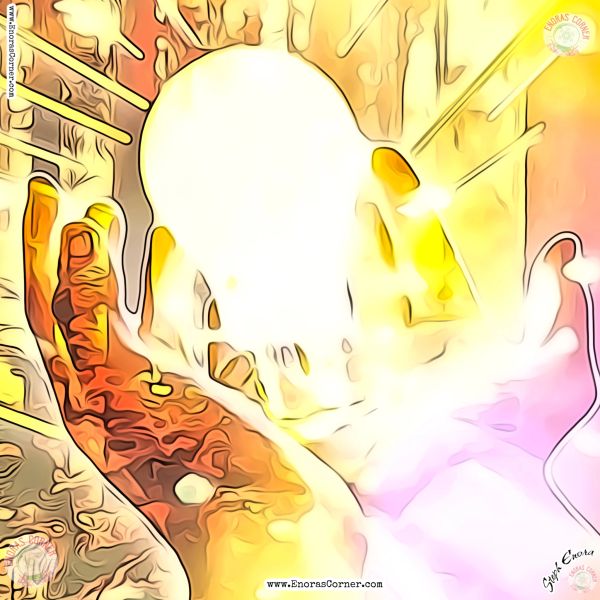 A glowing hand reaching toward a bright, radiant light source.