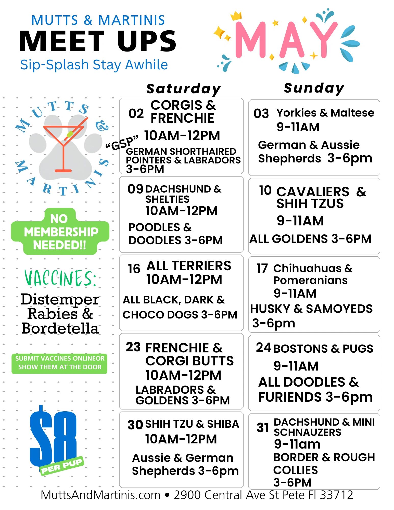 Mutts &amp; Martinis May meet ups for dog breeds with no membership needed, $8 per pup.