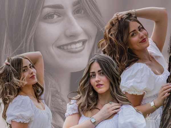 Collage of a woman in a white dress striking various poses outdoors.