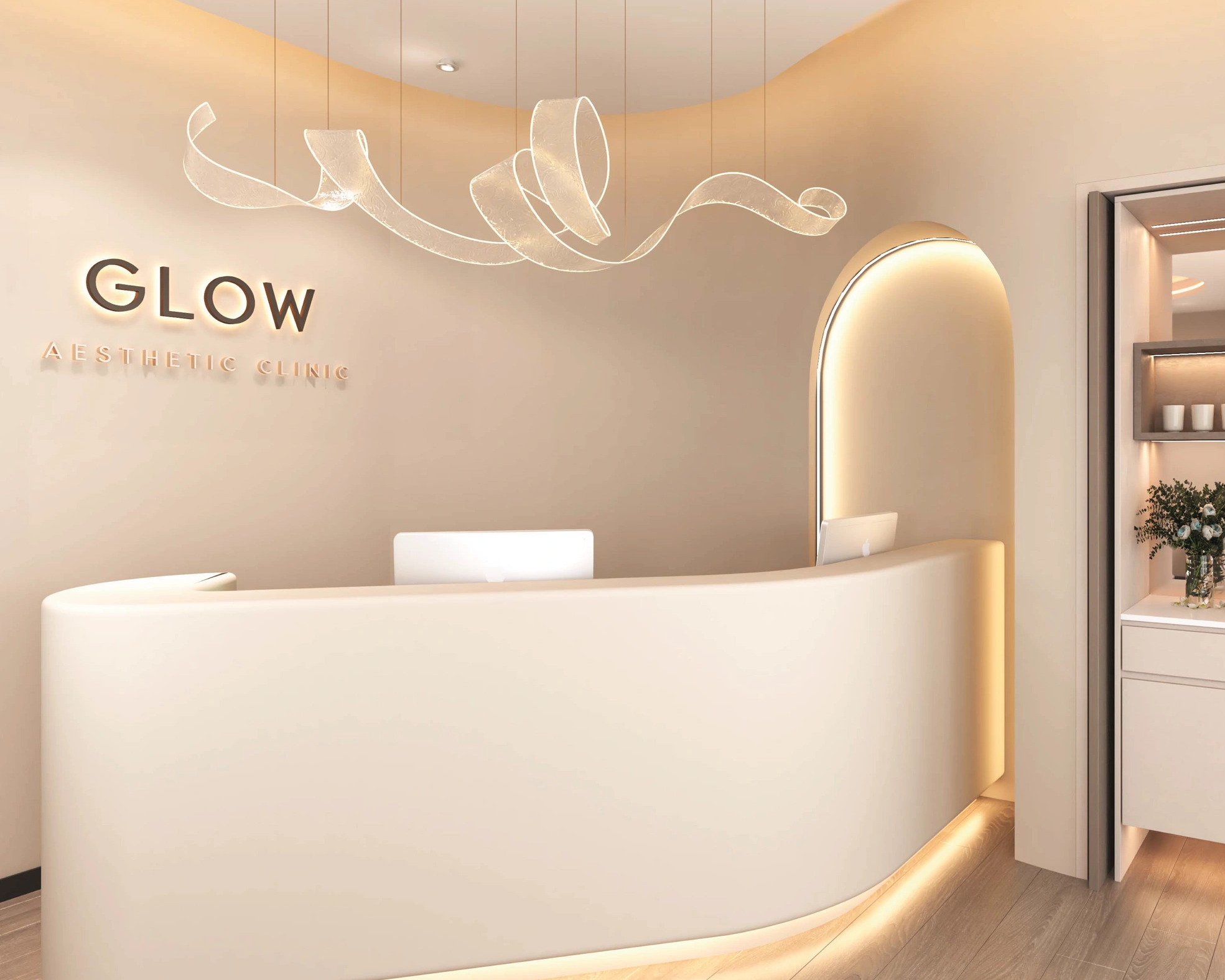 Modern, warmly lit reception area of Glow Aesthetic Clinic with sleek design.