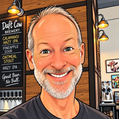 Smiling man with white beard in a brewery.