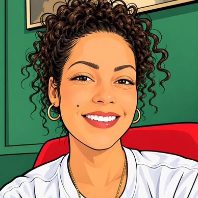 Smiling woman with curly hair and hoop earrings.