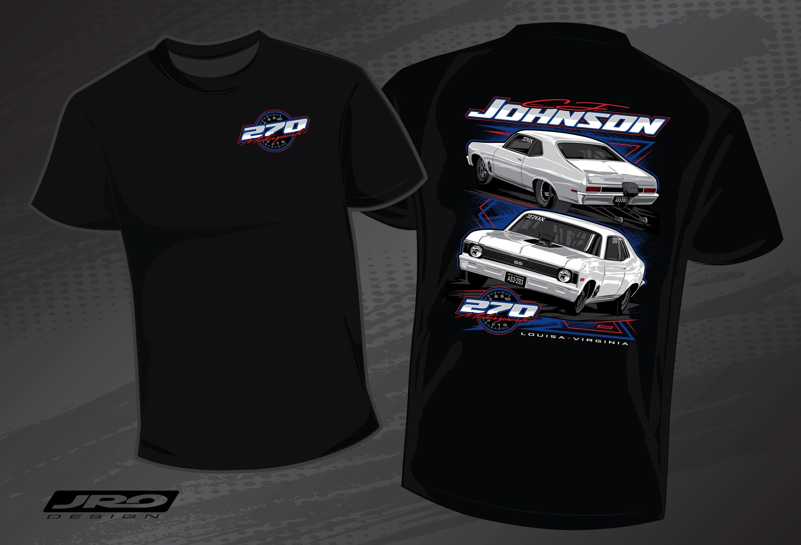 Black T-shirt with car illustrations and racing theme.