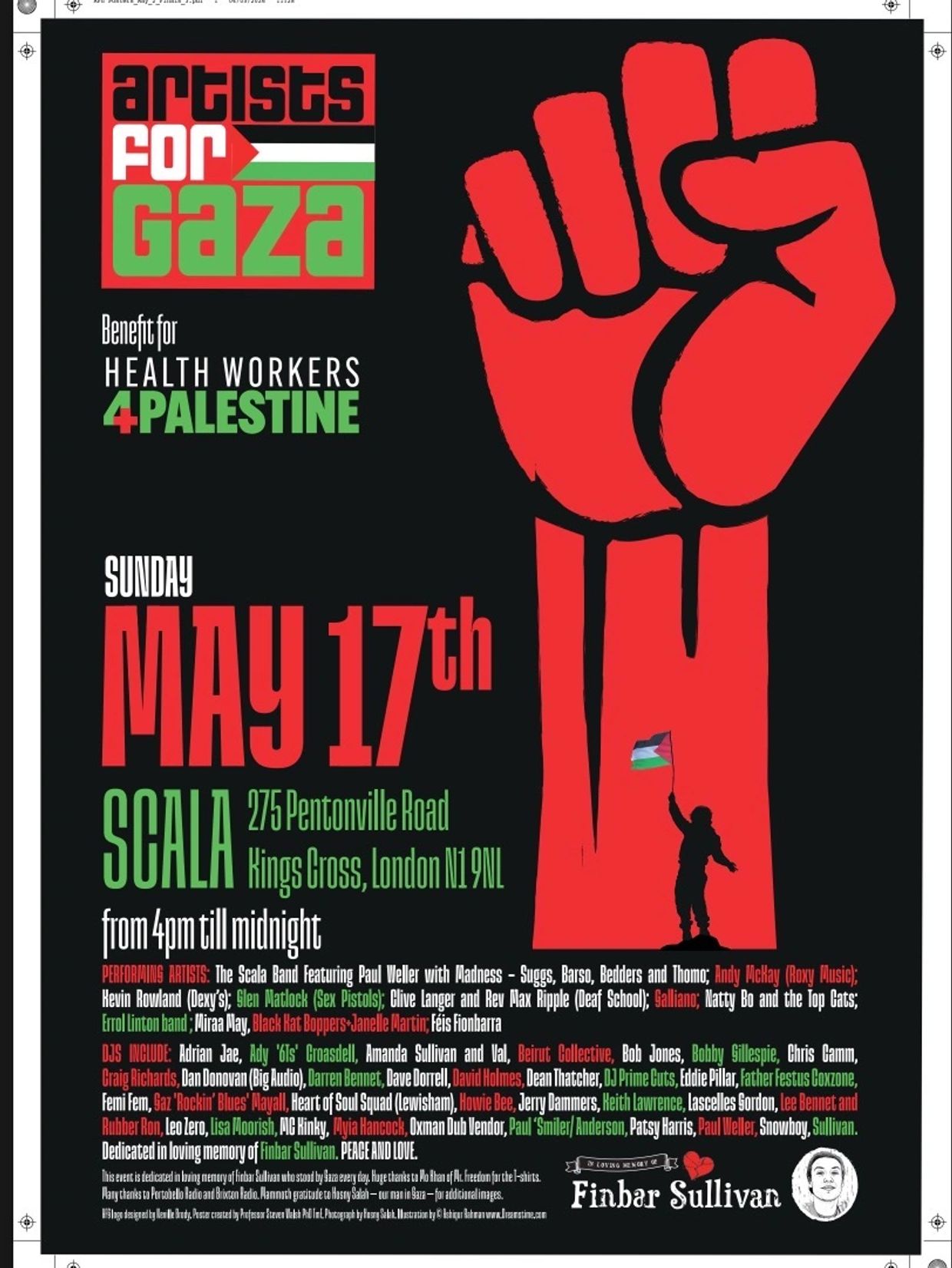 Poster for Artists for Gaza benefit concert on May 17th at Scala, London.