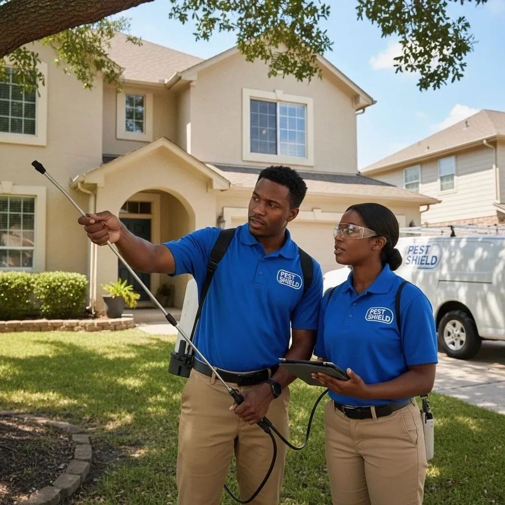 Two pest control workers in uniform inspecting a house exterior.