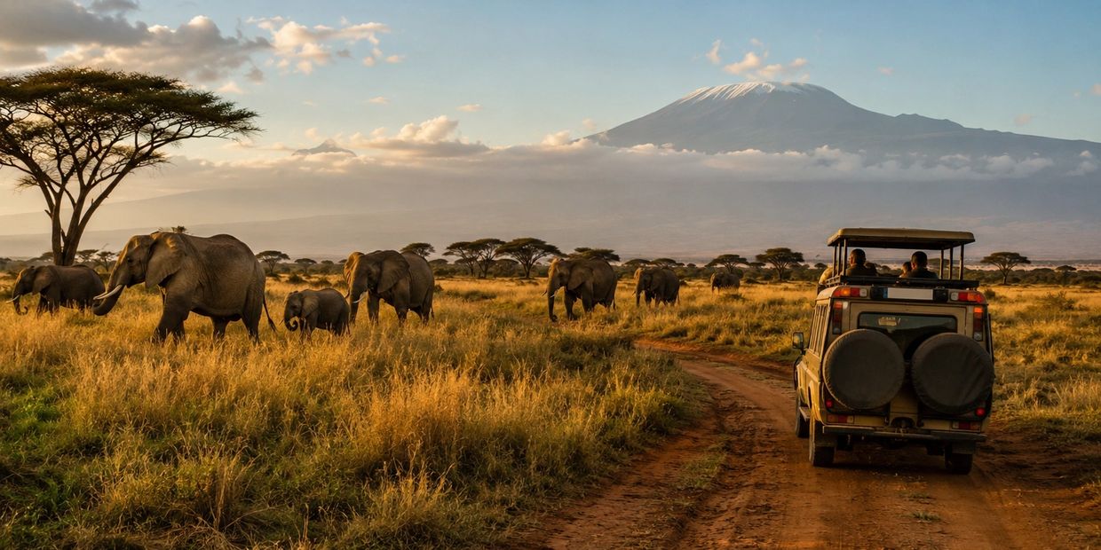 Safari jeep observing elephants near Mount Kilimanjaro at sunset.