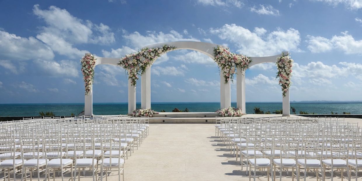 Elegant outdoor wedding setup by the sea with floral decorations and white chairs.