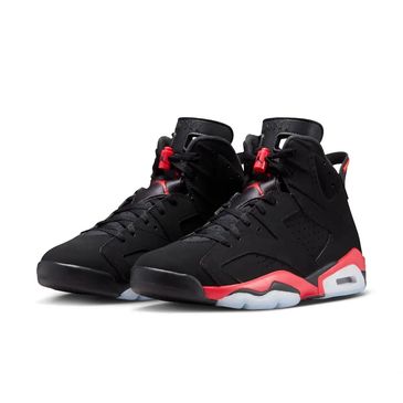 Black and red high-top sneakers with a sleek design.