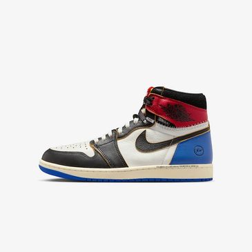 Colorful Air Jordan high-top sneaker with red, blue, black, and white panels.