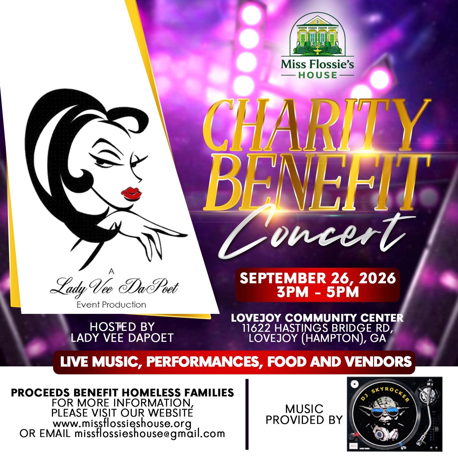 Miss Flossie's House Charity Benefit Concert on September 26, 2026, at Lovejoy Community Center.