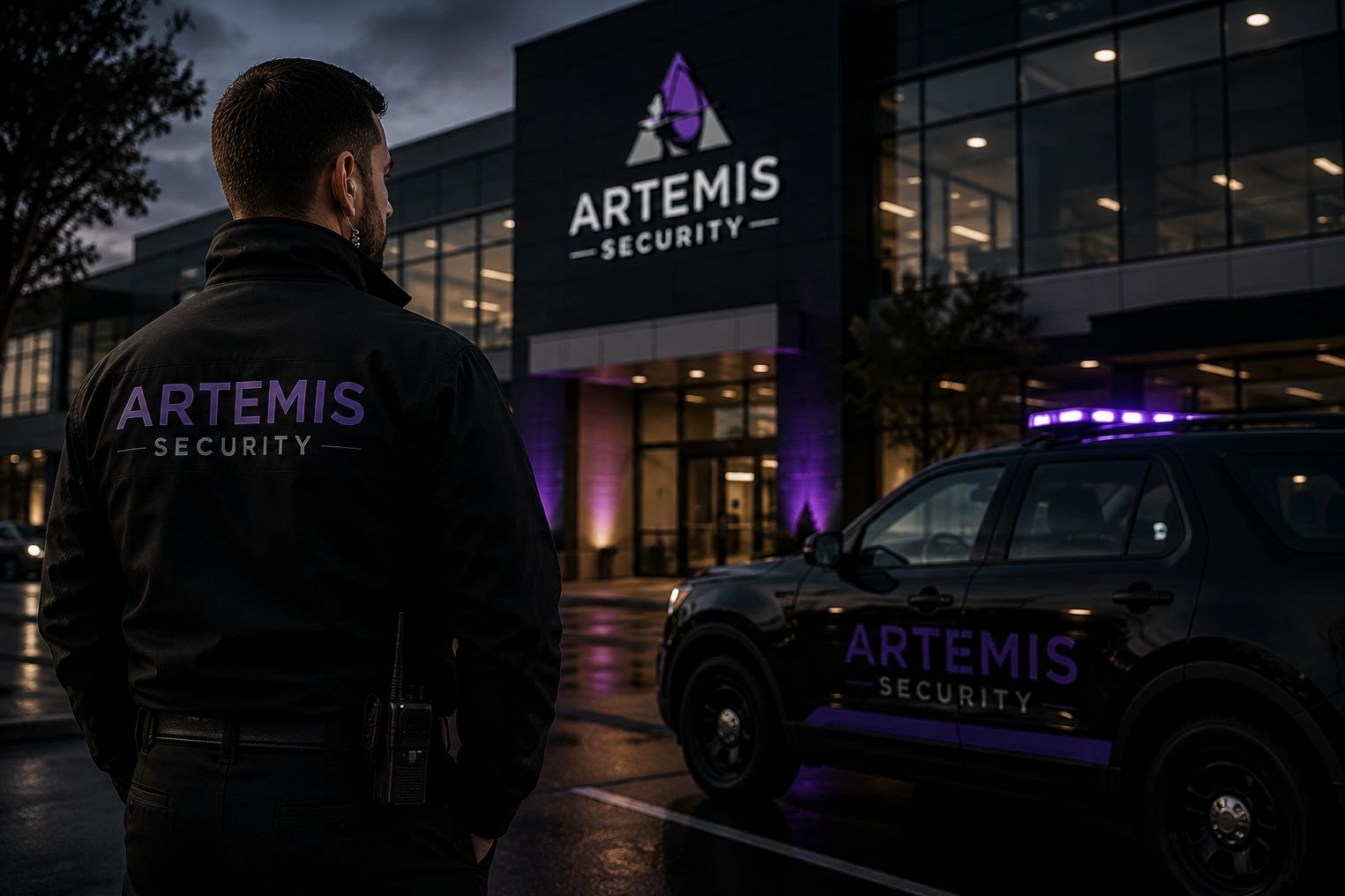 Security guard stands outside Artemis Security building at night.