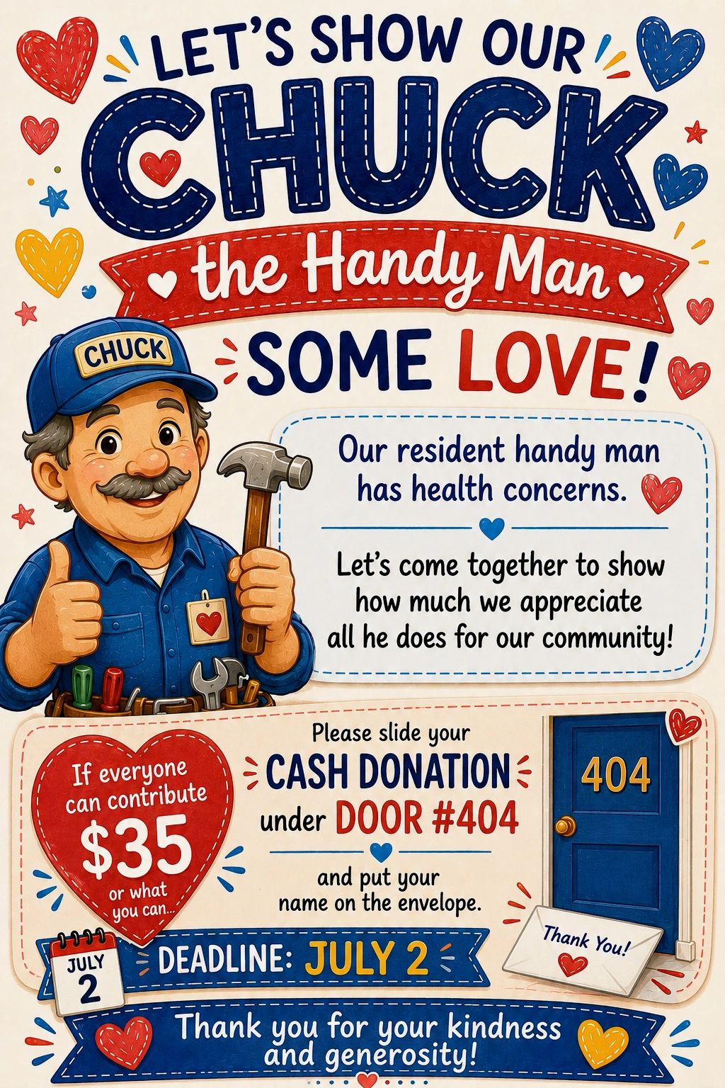 Fundraiser for Chuck, the handyman, asking for $35 donations by July 2.