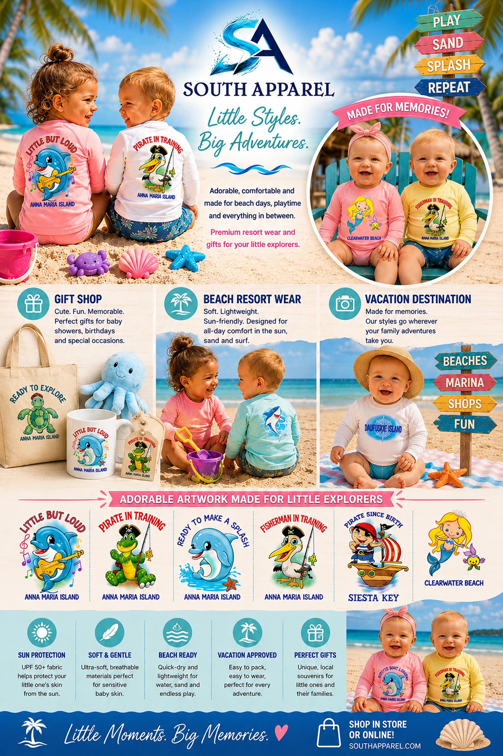 Beachwear for kids with cute island-themed designs and gifts.
