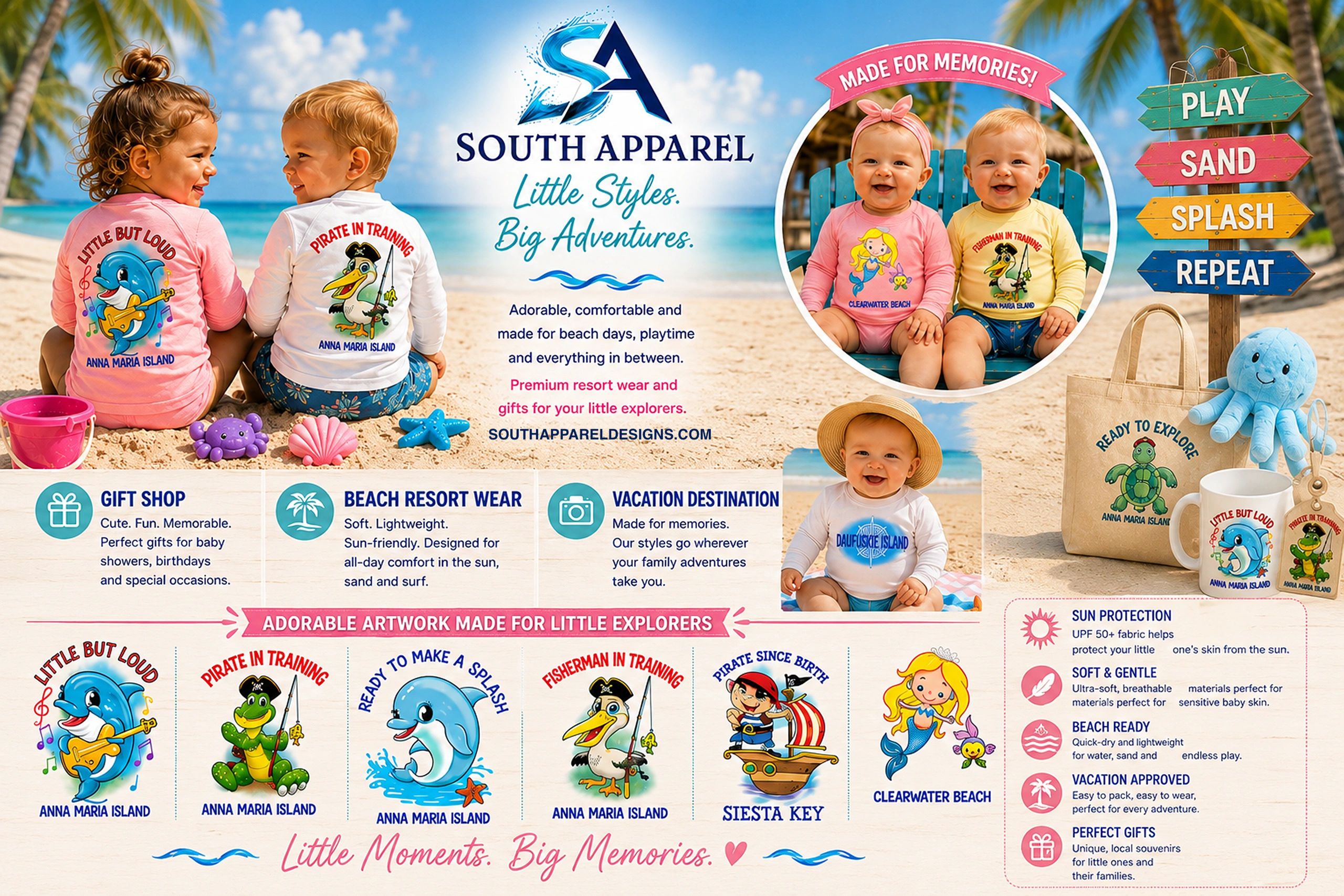 Beachwear advertisement for South Apparel with cute kids and fun designs.