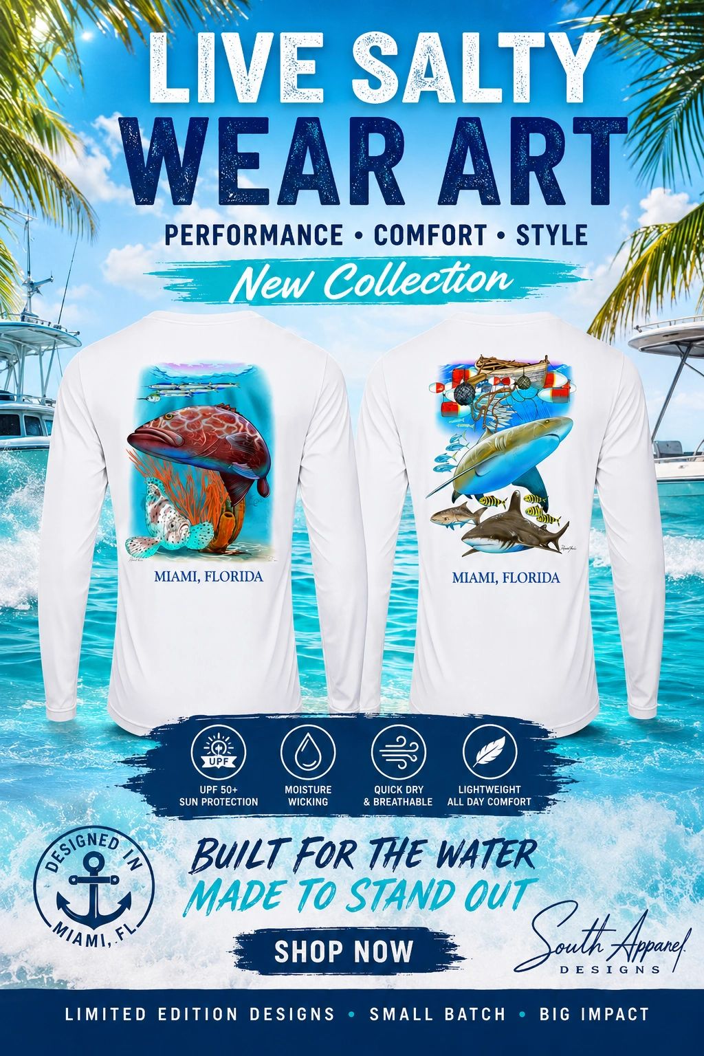 Two white long-sleeve shirts with ocean-themed art from Miami, Florida.