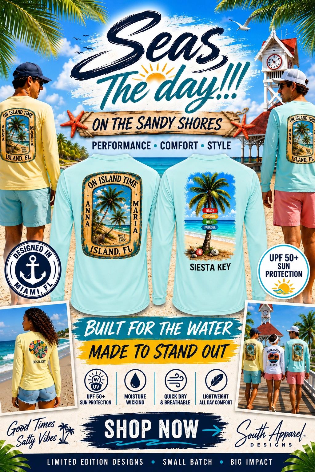 Beach-themed performance shirts with sun protection and comfort.