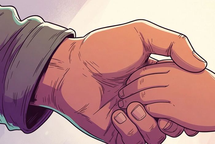 Illustration of an adult hand holding a child's hand, symbolizing care and protection.
