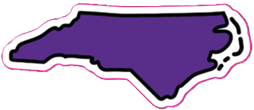 Purple silhouette of North Carolina state shape with black outline.