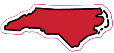 Outline of the state of North Carolina in red with a white and black border.