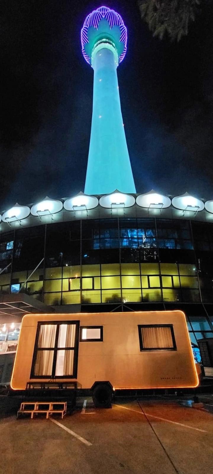 Luxury Grand Rover movable hotel suite caravan setup at Colombo Lotus Tower Sri Lanka showcasing pre