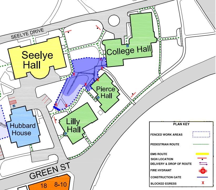 Map showing building locations and construction zones with routes and blocked areas.