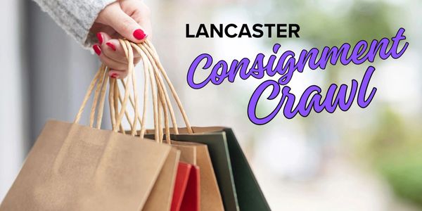Hand holding multiple shopping bags promoting Lancaster Consignment Crawl.