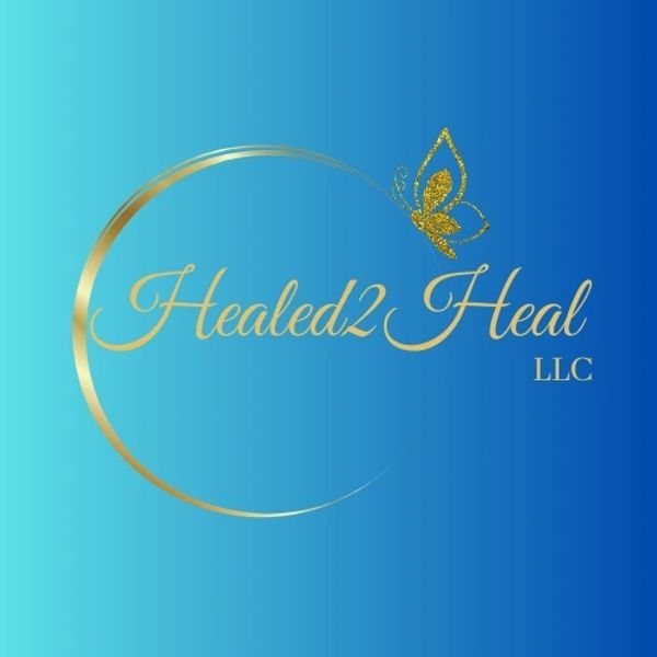 Elegant gold logo of Healed2Heal LLC with butterfly on blue gradient background.