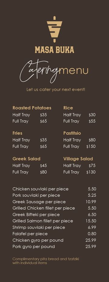 Masa Buka catering menu with trays and individual items including souvlaki, salads, and gyros.