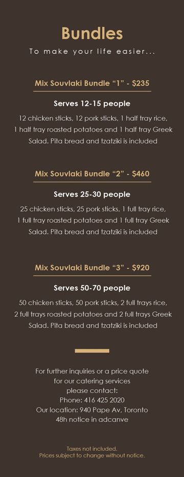 Menu offering Mix Souvlaki Bundles serving varying group sizes with chicken, pork sticks, rice, potatoes, Greek salad, pita, and tzatziki.