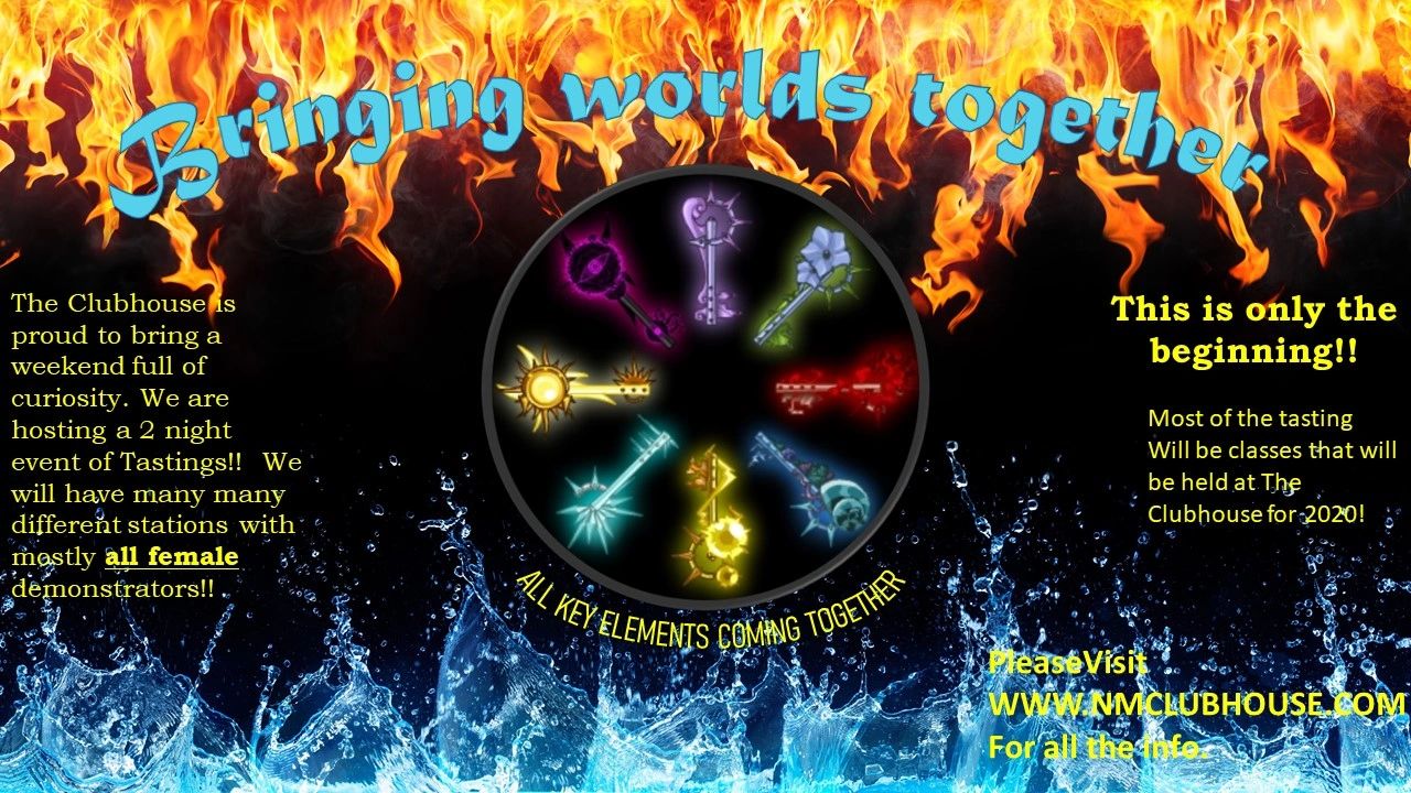 Event flyer with fiery and watery background, colorful keys, and text about a tasting weekend.