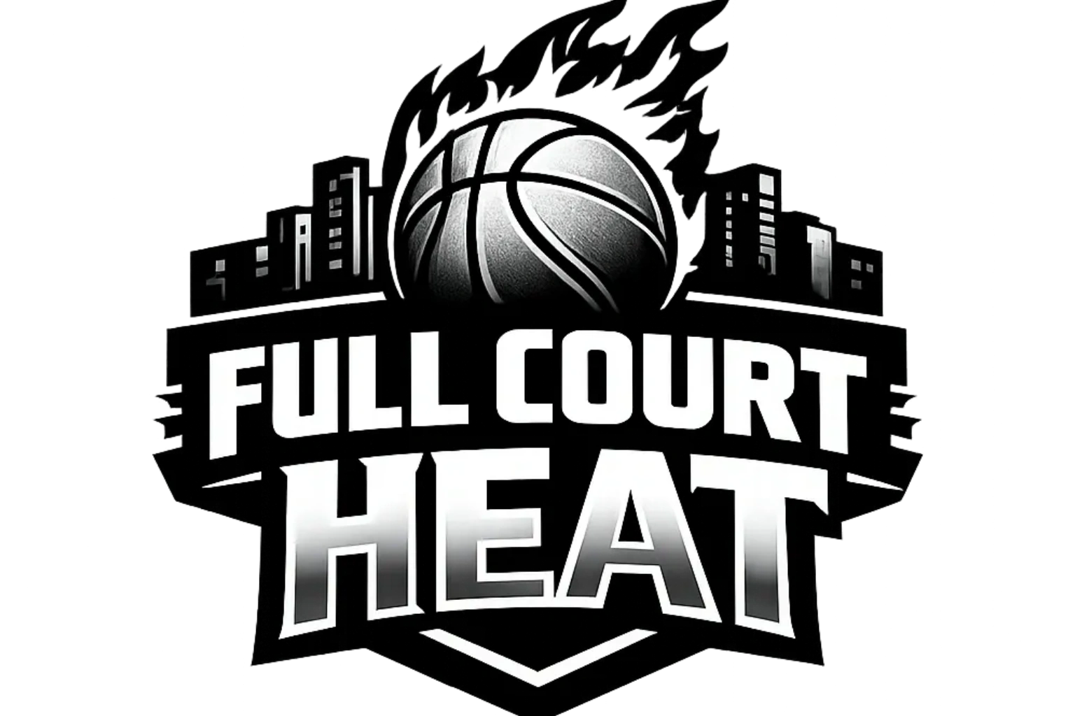 Logo with a basketball and city skyline reading 'Full Court Heat'.