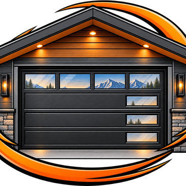 Modern garage door with mountain scenery windows at sunset.