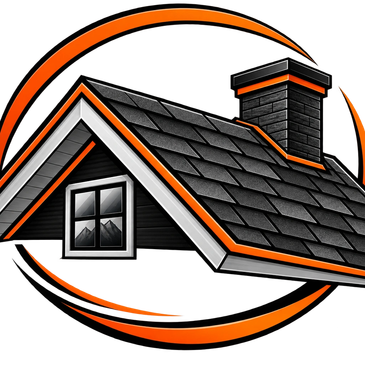 Stylized house roof with chimney inside orange swirl.