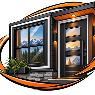Modern house entrance with mountain reflection on glass.