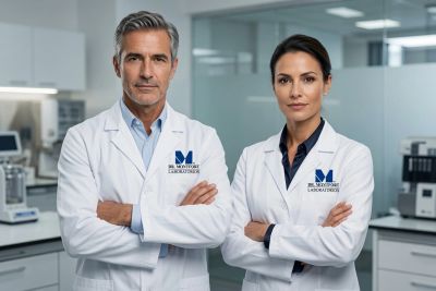 Dos científicos con batas blancas en un laboratorio moderno.