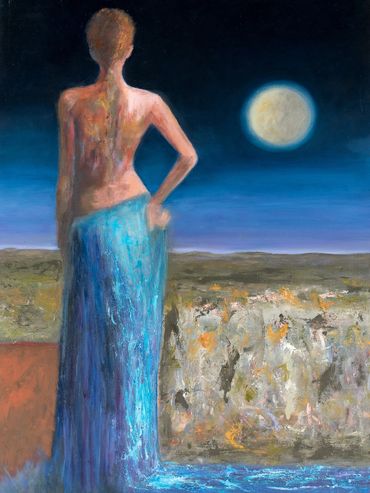 mujer de espalda mirando la luna, femme de dos regardant la lune