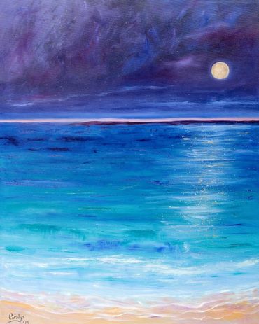 ≤tableau lumineux mer bleue lune grande toile technique mixte, l'espoir by Coralys≤