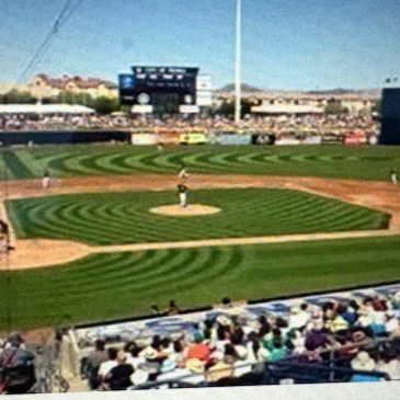 A baseball game in progress at a sunlit stadium with a patterned field and crowd.
