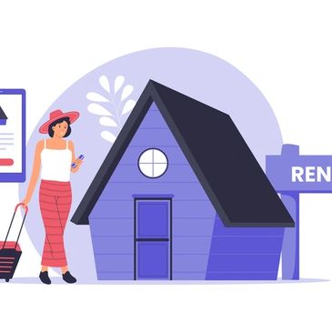 Woman with luggage arriving at a house for rent.