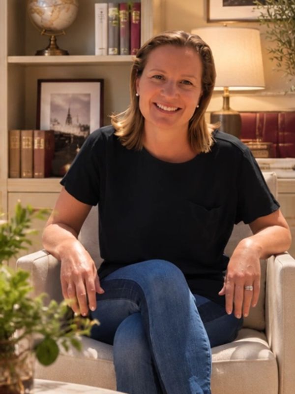 Smiling woman sitting comfortably on a beige armchair.