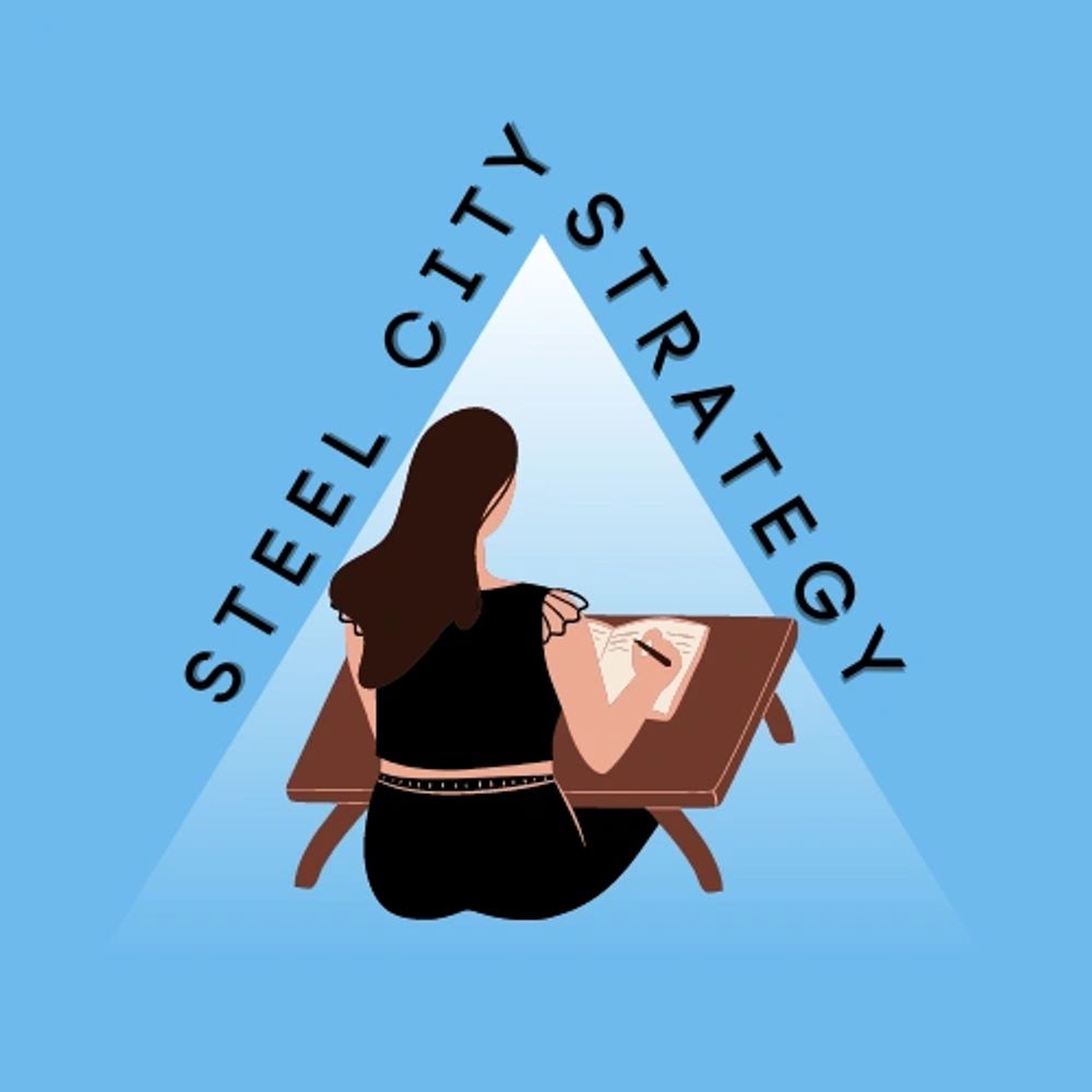 Blue logo with the text 'Steel city strategy' 
in a peak layout over a woman sat at a desk writing
