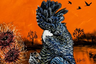 Blue cockatoo with flowers on an orange background.